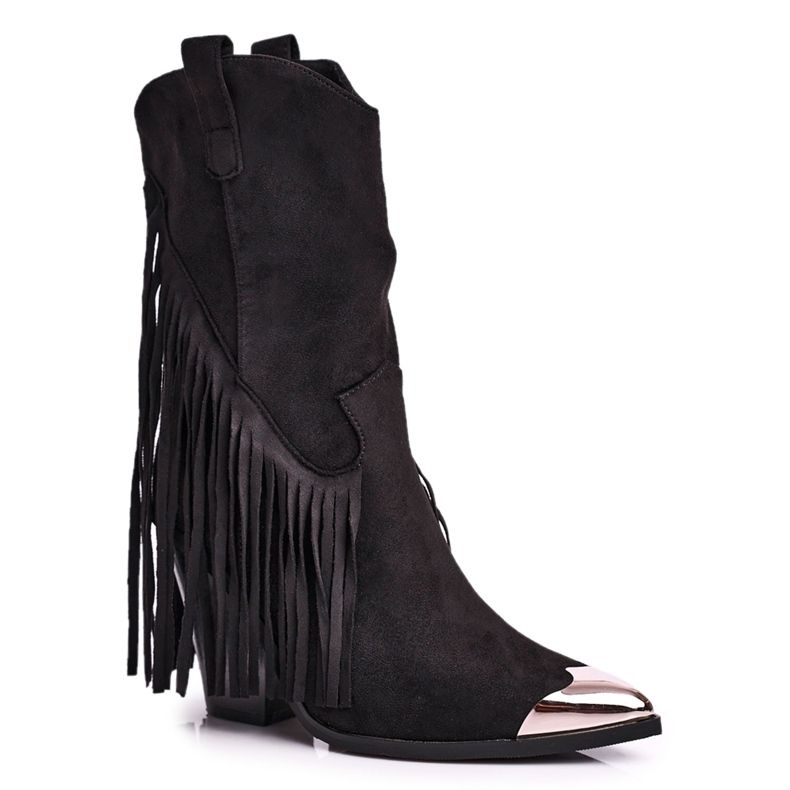 Naisten saappaat, joissa on reunat Suede Black Cowboy Boots Jessica musta hopea