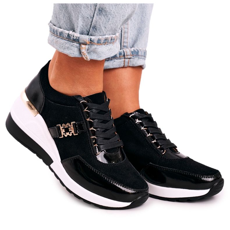 S.Barski Naisten nahkaiset kiilakengät Black Gold Roxette musta kultainen