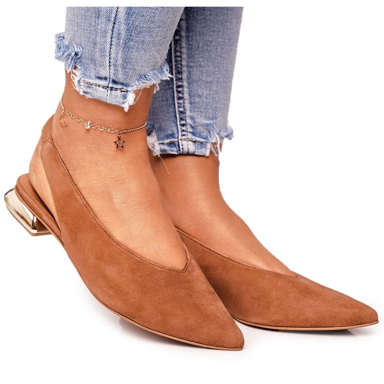 Mokkanahkaiset ballerinat kultaisilla korkoilla Laura Messi 2127 Kameli ruskea