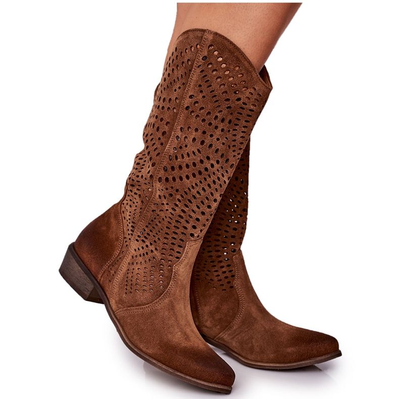 Kevät Openwork Suede Boots Exquisite 1229 Cognac ruskea