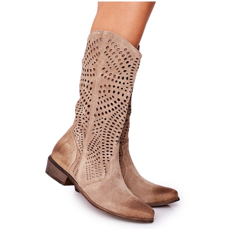 Kevät Openwork Suede Boots Exquisite 1229 Beige ruskea