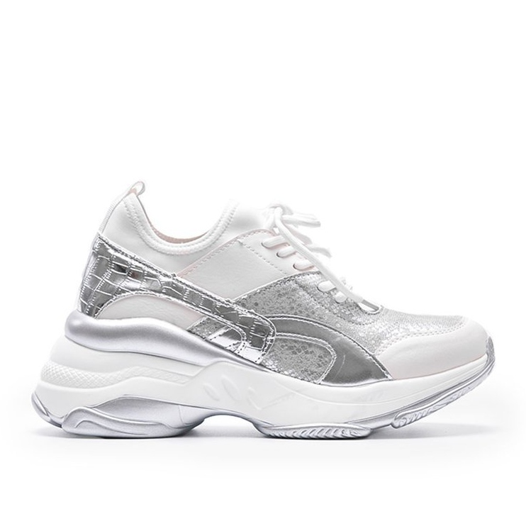 Valkoiset ja hopeiset lenkkarit paksulla Lea -pohjalla valkoinen