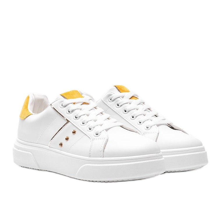 Valkoiset lenkkarit, joissa keltainen Ellen-ekologinen mokkanahka valkoinen