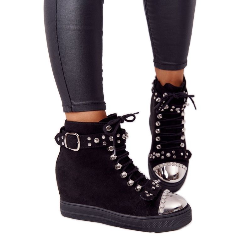 Musta mokkanahka Musta Lu Boo Wedge saappaat tekojalokiviä