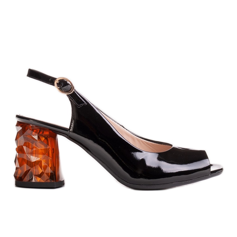 Marco Shoes Mustat lakatut sandaalit, joissa on 3D -keltainen kantapää