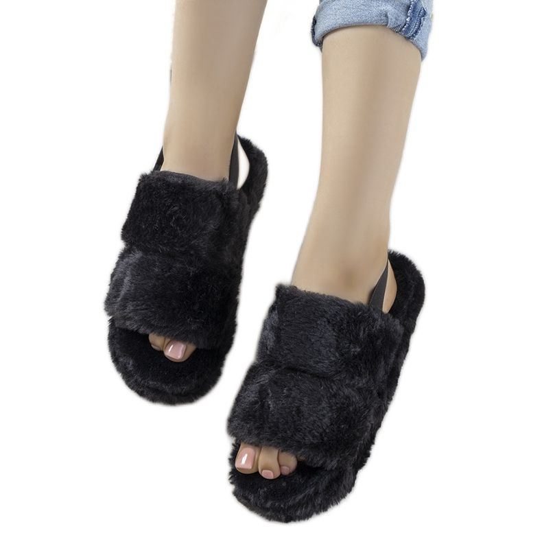 Naisten mustat tossut, joissa joustava nauha ja Rosales -turkisreunus