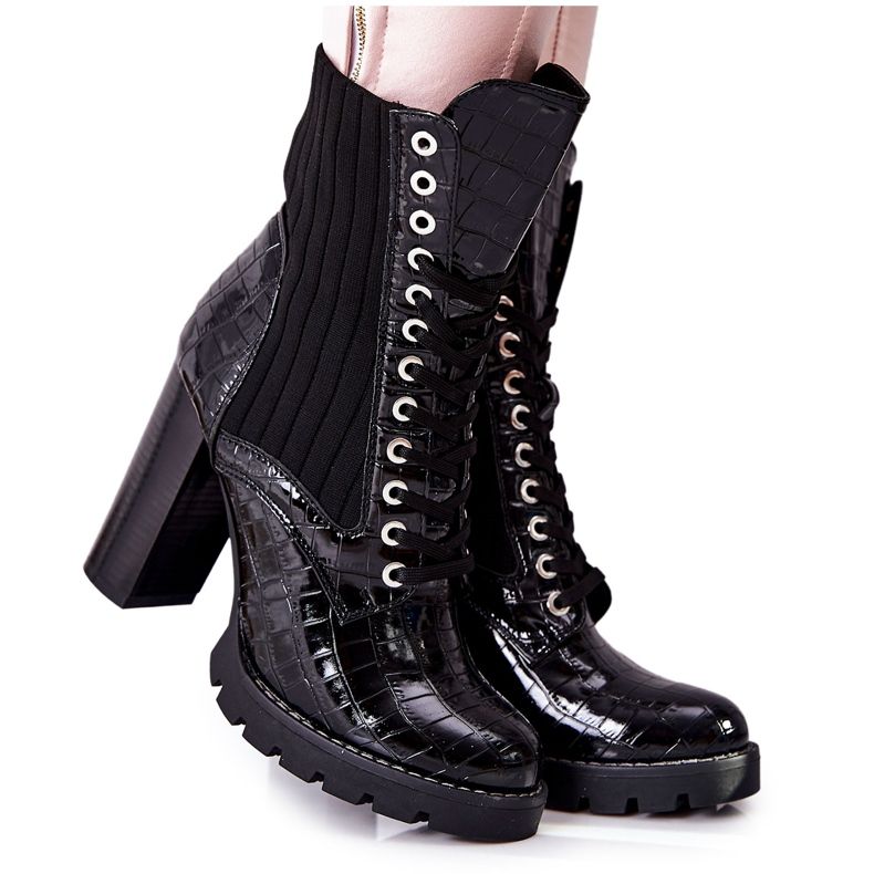 PG1 Naisten saappaat korkokengän krokotiilikuviossa Musta Erdogan