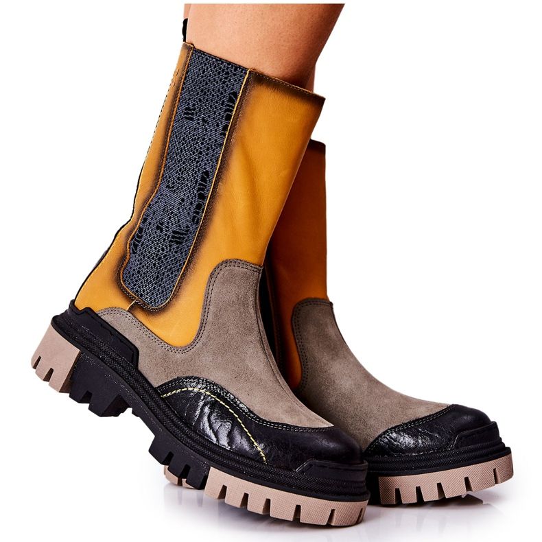 Korkeat Maciejka-nahkasaappaat keltainen-harmaa 05141-07 beige musta kultainen