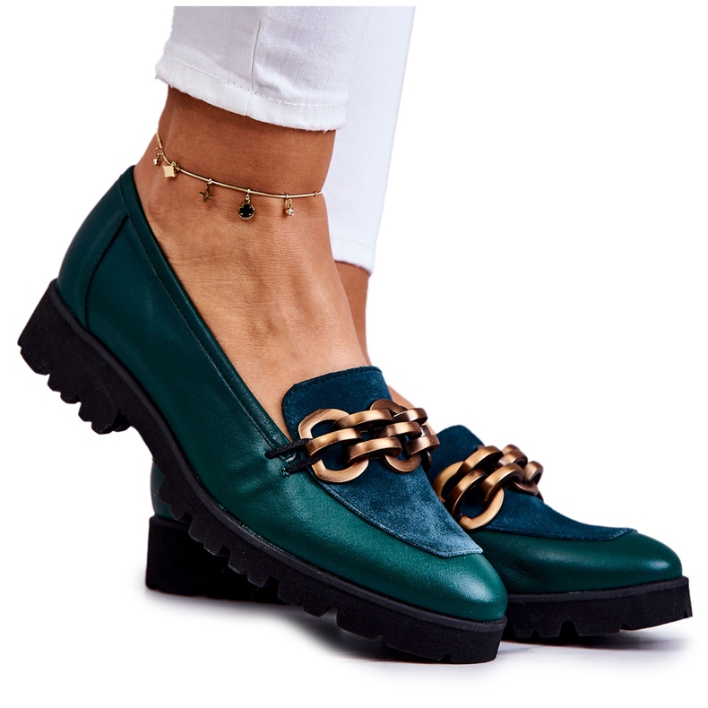 PA2 Tyylikkäät nahkahousut vihreällä Geneva-ketjulla