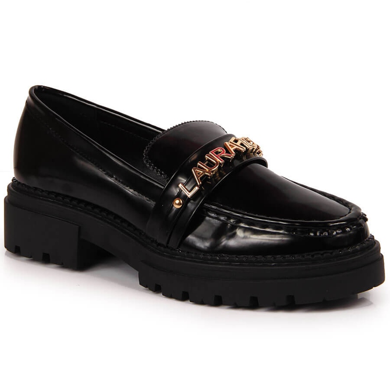 Naisten mustat lakatut kengät, joissa teksti Laura La.Fi