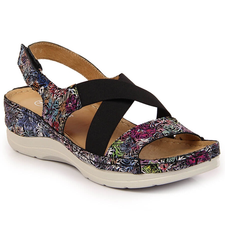 Naisten nahkasandaalit mukavalla kumilla Helios 100 musta monivärinen