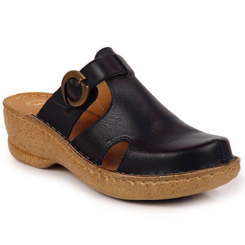 Nahkaiset tossut sinisellä kiilalla Łukbut 666 laivastonsininen