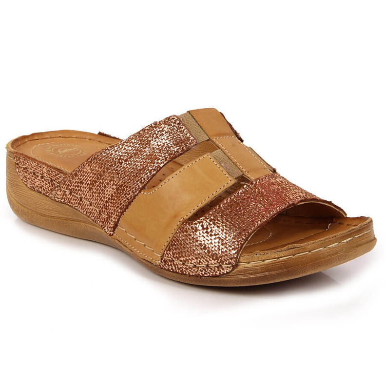 Beiget ja kullanväriset nahkatossut kuminauhalla Łukbut 1103 kultainen Beiget ja kullanväriset nahkatossut kuminauhalla Łukbut 1103 kultainen