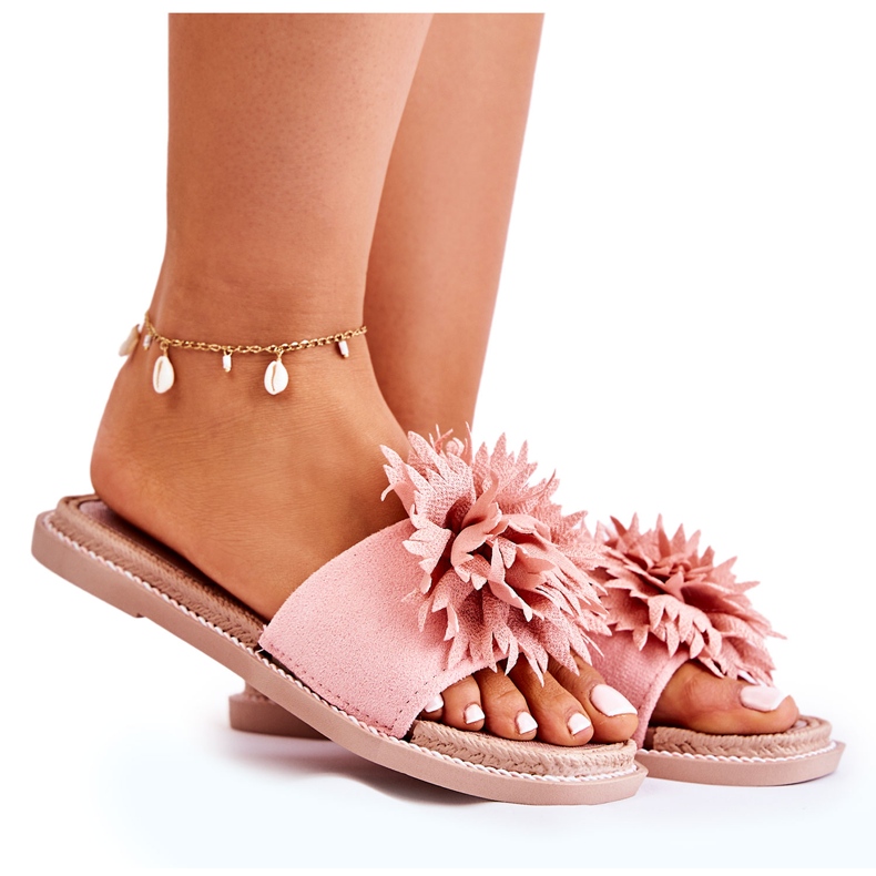 FJ1 Naisten mokkanahkaiset tossut vaaleanpunaisella Giorgia-koristeella vaaleanpunainen