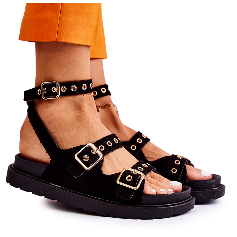 PM1 Naisten mokkanahkaiset sandaalit, joissa olkaimet Black Parys musta