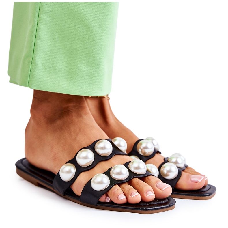 PG1 Naisten nahkaiset tossut, joissa koristehelmiä musta Lasello