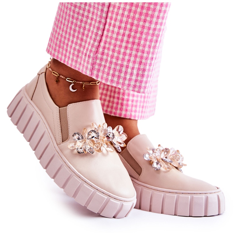 PA2 Naisten nahkaiset lenkkarit beigellä Mirana-koristeella