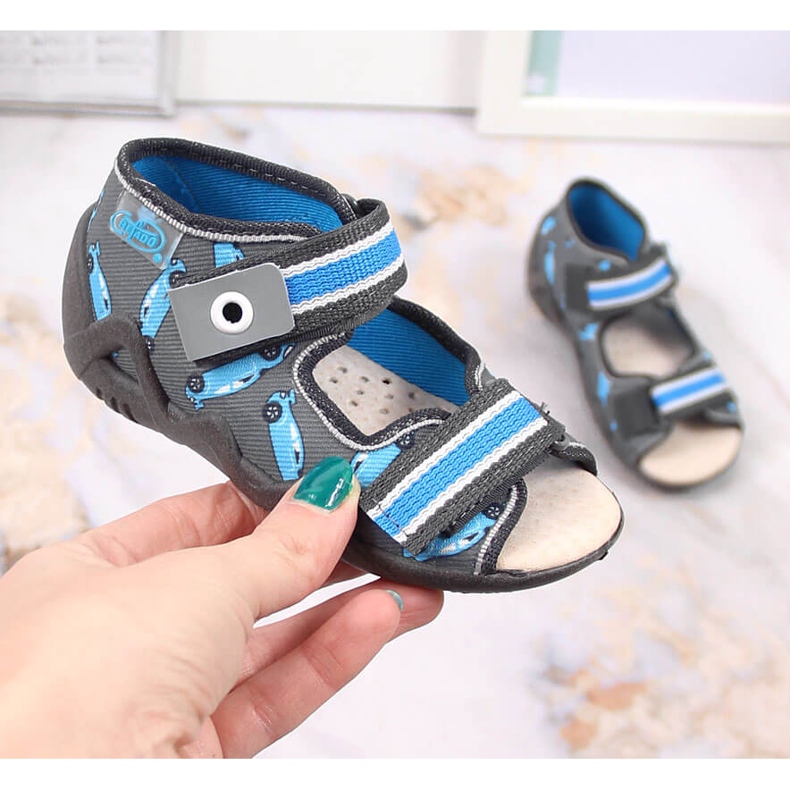 Poikien tarranauhatossut, joissa Racer harmaa ja sininen Befado