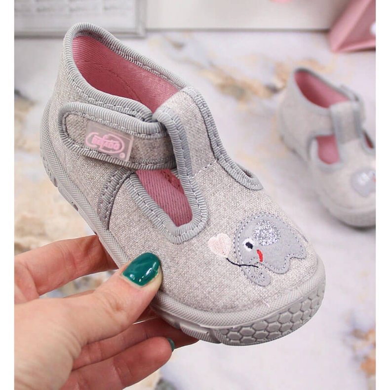 Tyttöjen tossut tarranauhalla harmaa Befado norsulla