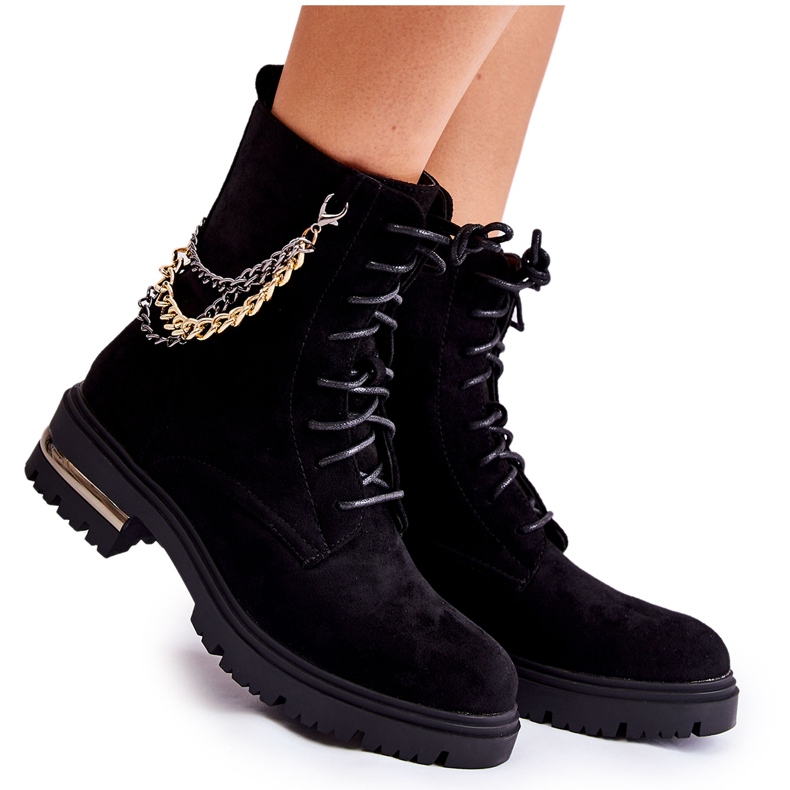 Mustat Sorita mokkanahkaiset lämpimät saappaat ketjulla