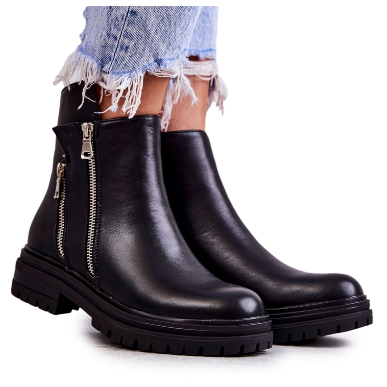 PG1 Naisten nahkasaappaat vetoketjulla Musta Navarra