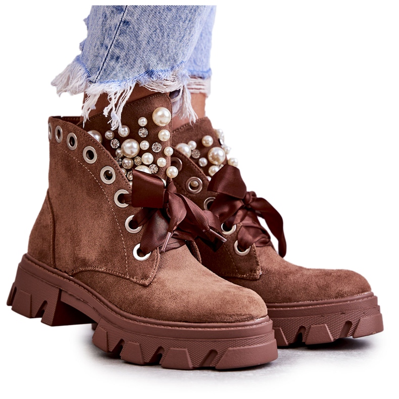 PS1 Ruskeat Rocon mokkanahkaiset lämpimät saappaat helmillä