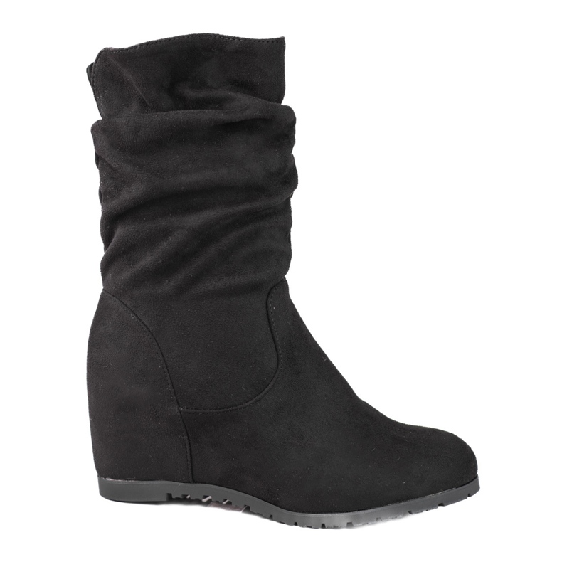 Naisten saappaat Shelovet-kiilalla, jossa röyhelöpäällinen musta