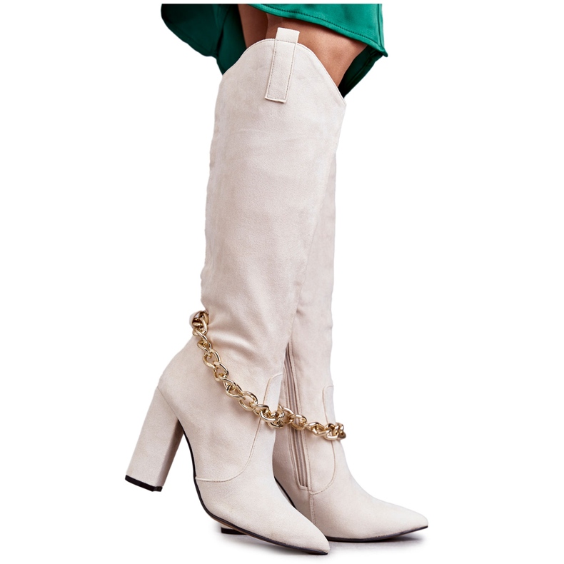 PG1 Naisten mokkanahkaiset lämpimät saappaat ketjulla Vaaleanbeige Jasmin