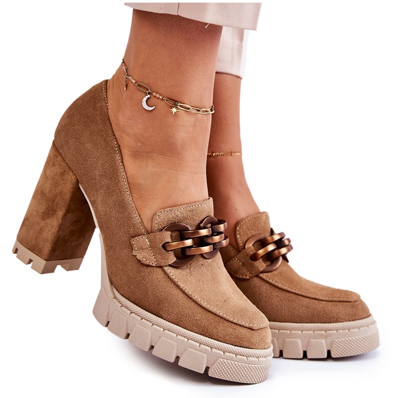 Nahkapumput alustalla ja tanko Lewski-kengät 3197 beige ruskea