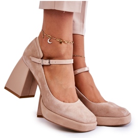 PA2 Suede Pumps On A Chunky Heel Beige Tina