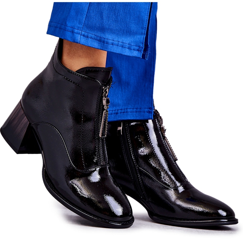 S.Barski Naisten kiiltonahkaiset nilkkurit vetoketjuilla, musta