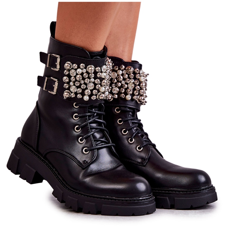 PG1 Naisten saapikkaat koristeilla, sidottu mustaksi leoneseksi