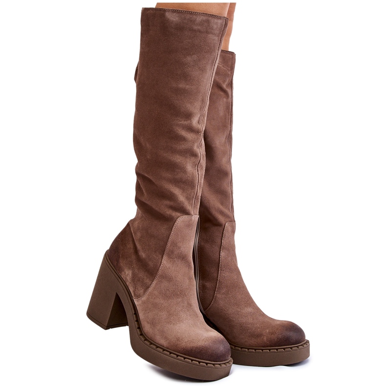 PL5 Naisten mokkanahkaiset, paksut korkokengät vaaleanruskeat Valeris beige