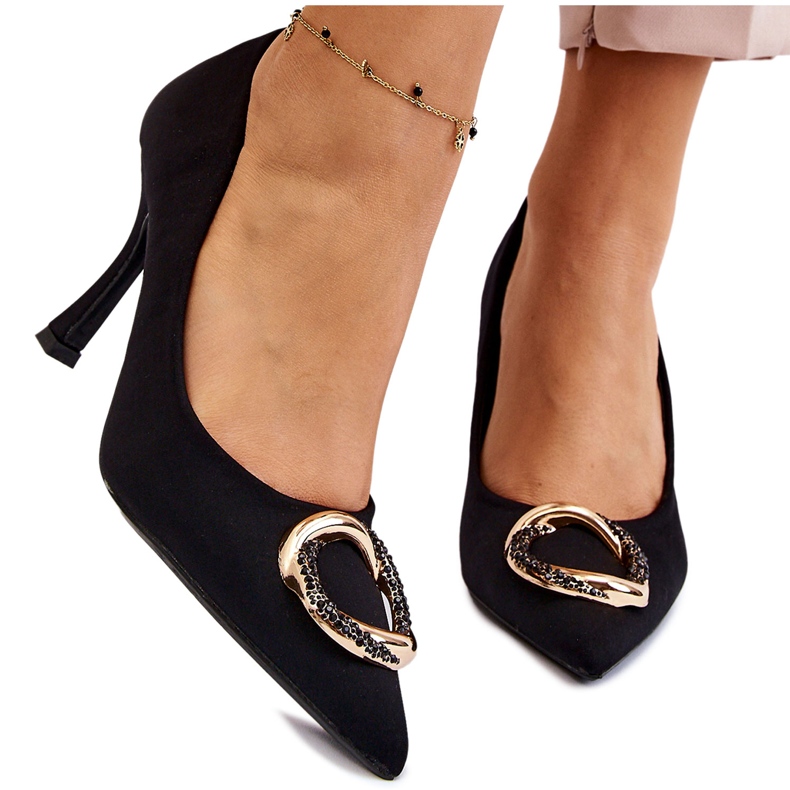 PS1 Tyylikkäät korkokengät muodikkaalla mustalla jalokoristeella