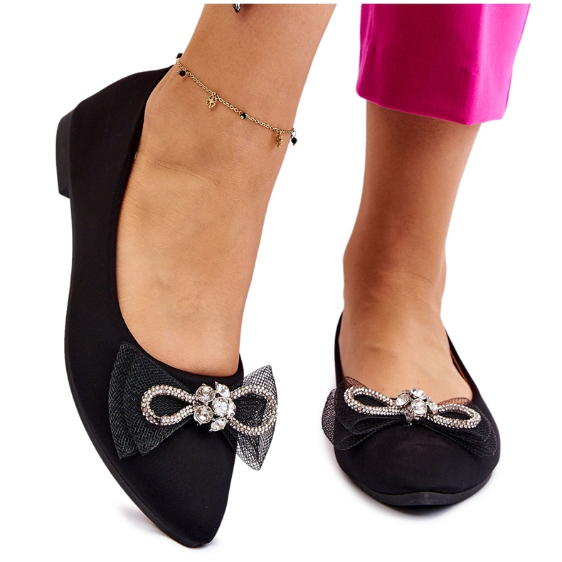 PS1 Naisten teräväkärkiset ballerinat koristeellisella rusetilla, musta valo