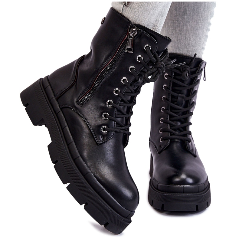 PG1 Naisten nahkaiset nauhasaappaat, musta Shanna