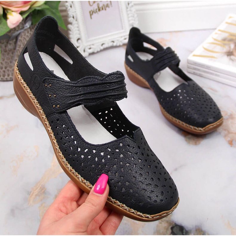 Naisten nahkakengät tarranauhalla laivastonsininen Rieker 41399-14