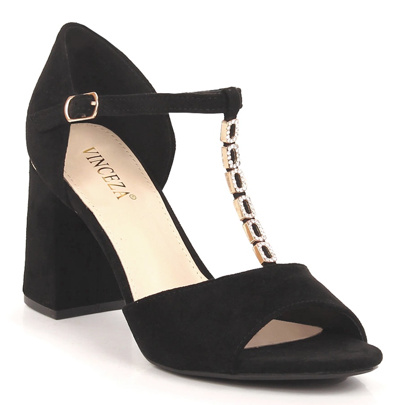 Naisten mustat mokkanahkasandaalit pylväässä zirkoneilla Vinceza 20195