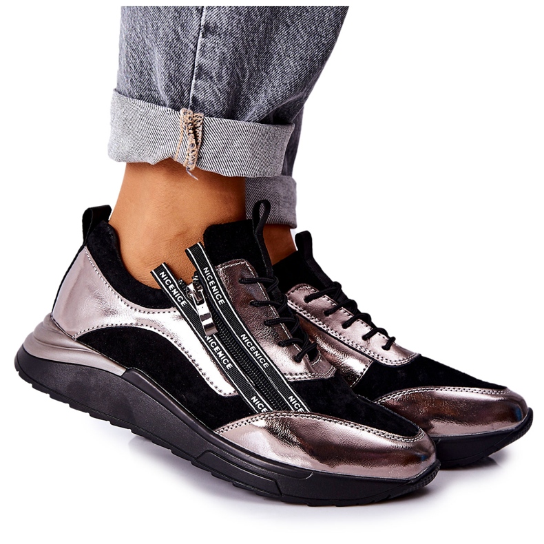 POTOCKI Nahkaiset metalliset urheilulenkkarit mustat ja hopeiset