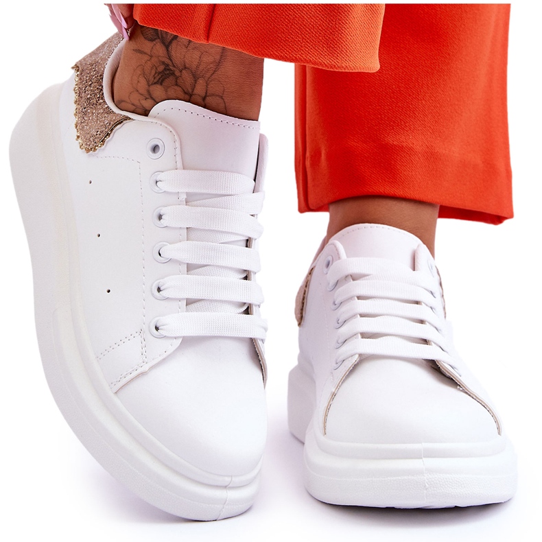 Naisten urheilukengät, joissa on koristekuvioinen valkokultainen ilo valkoinen