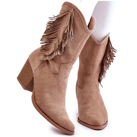 S.Barski Naisten matalat mokkanahkaiset cowboysaappaat, joissa hapsut, beige