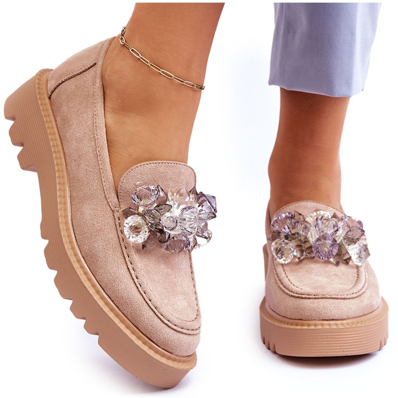 Vinceza Muodikkaat mokkanahkaiset mokasiinit beige Demeriksen kristalleilla