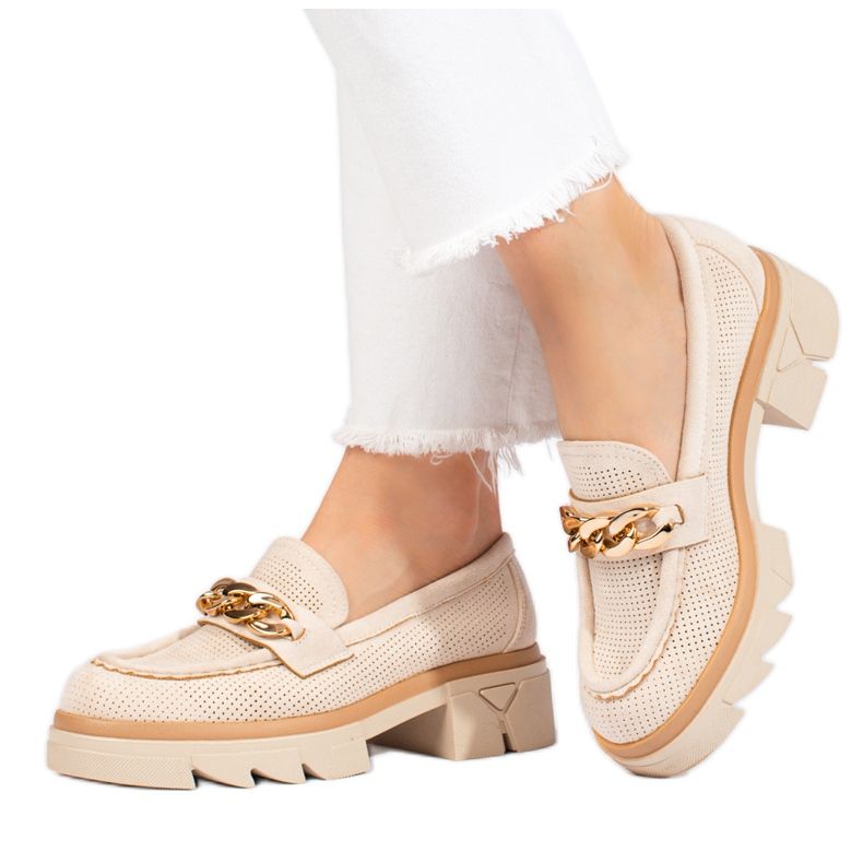 Shelovet mokkanahkaiset loaferit vaalean beige-ketjulla