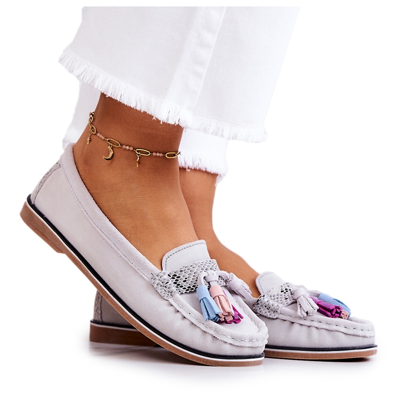 Evento Naisten mokkanahkahousut hapsuilla Harmaa Laressa