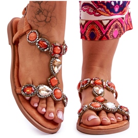 Oranssit Dallas mokkanahkaiset litteät sandaalit kivillä