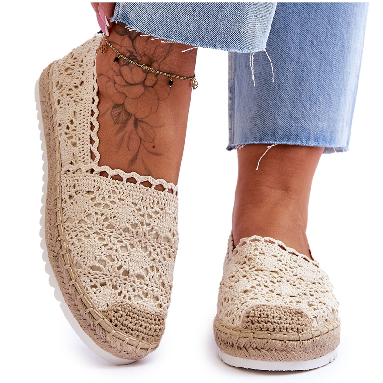 Lace Slip On Espadrilles Beige Blanco