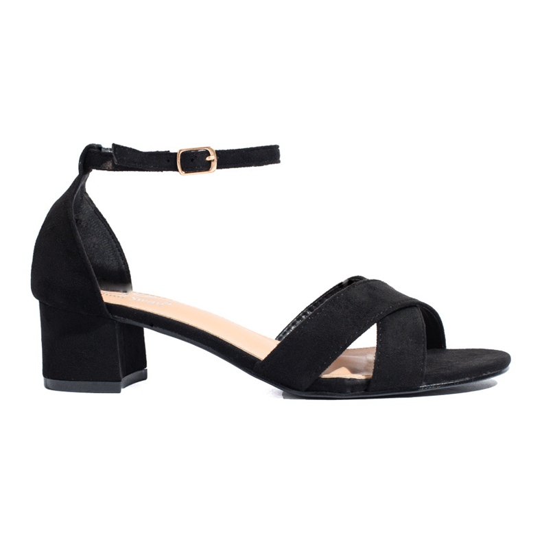 Shelovetin mustat mokkanahkaiset matalakorkoiset sandaalit