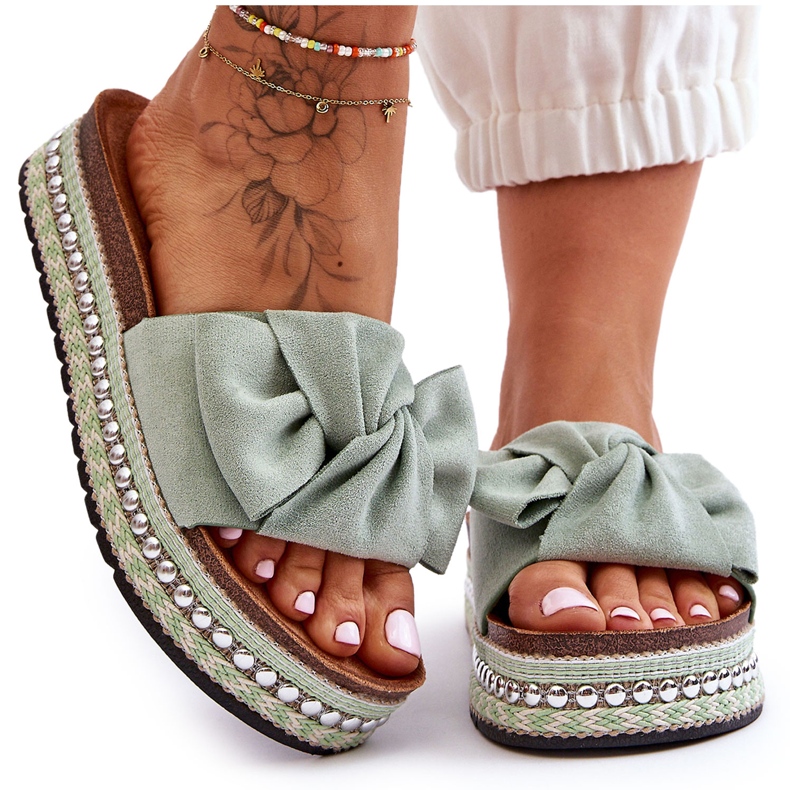 Naisten mokkanahkaiset tossut, joissa rusetti Lauria Green vihreä