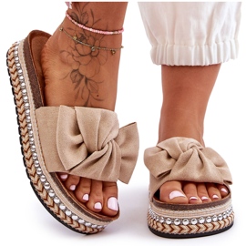 Naisten mokkanahkaiset tossut, joissa rusetti beige Lauria