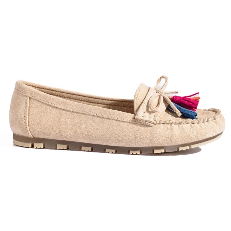 Shelovetin beige-mokkanahkaiset boho-loaferit tupsuilla